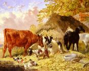 Horses, Cows, Ducks and a Goat by a Farmhouse - 约翰·弗雷德里克·赫尔林